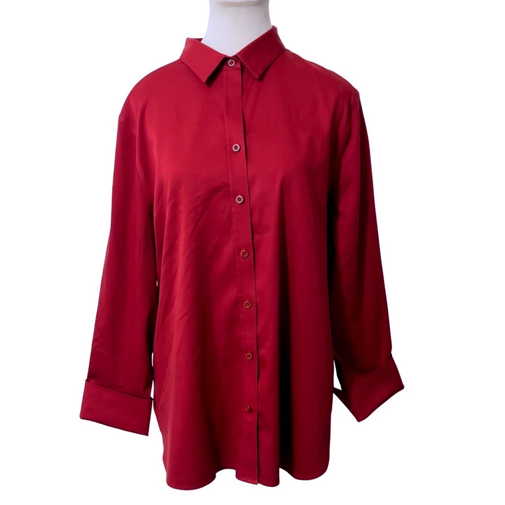 Chico's Women Red No-Iron Chic Stretch Buttonโ Down Shirt XL Minimalist Casual